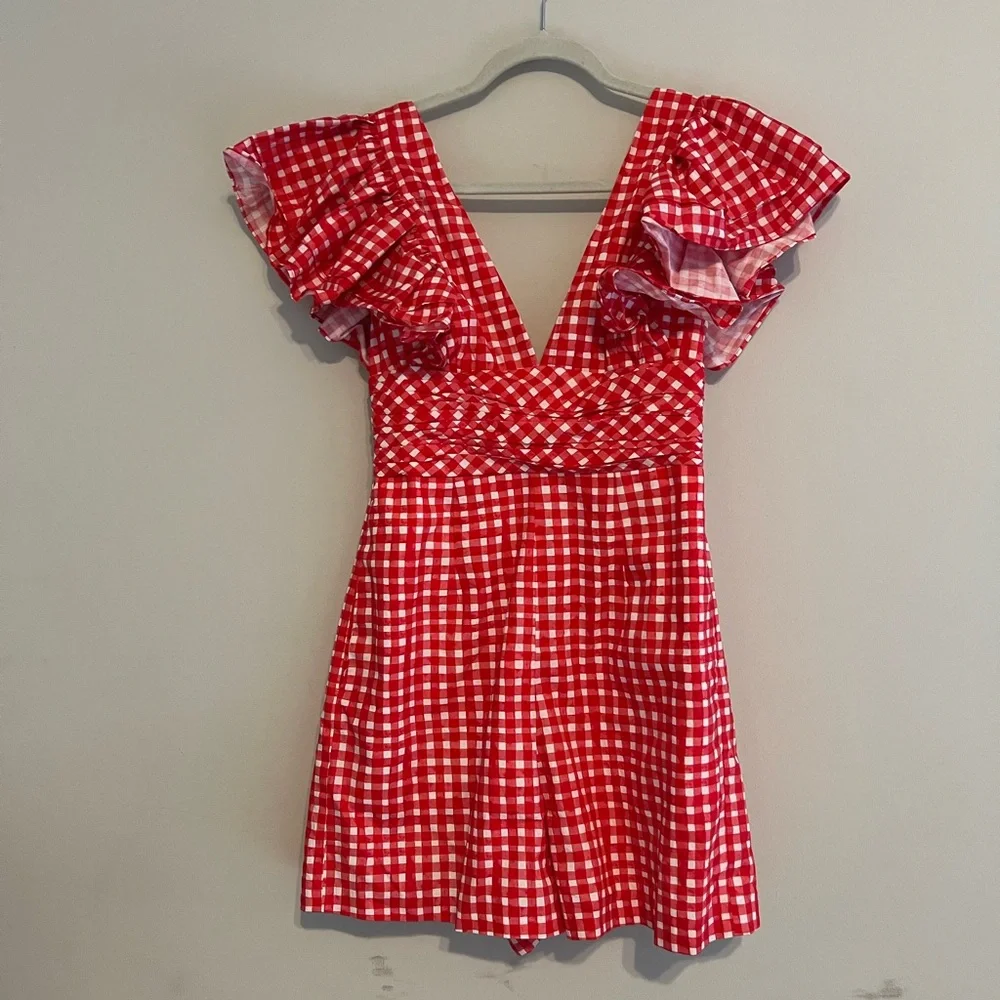 Hutch Red Gingham Ruffle-Shoulder romper - Picture 2 of 6